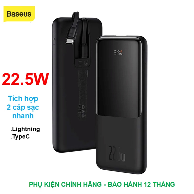 Pin Dự Phòng Sạc Nhanh 22.5W Tích Hợp 2 Cáp Sạc Nhanh IPhone , TypeC Baseus Elf Digital Màn hình kỹ thuật số.