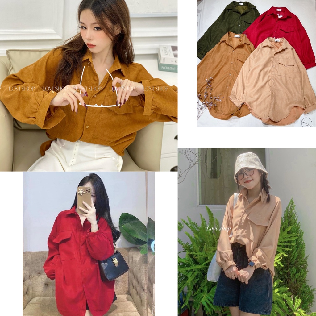 Áo sơ mi nhung tay cánh dơi form rộng 1 túi nắp viền Lovi