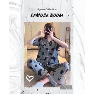 Bộ ngủ pijama nữ cộc tay quần dài hoạ tiết bò sữa ghi