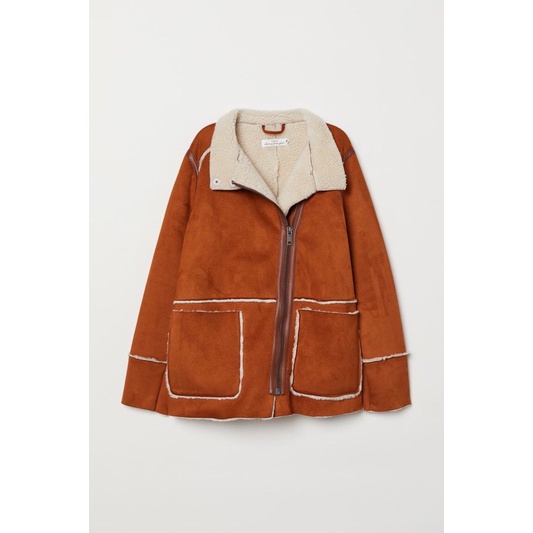 Áo khoác da lộn lót bông cổ cao H&M màu nâu sáng
