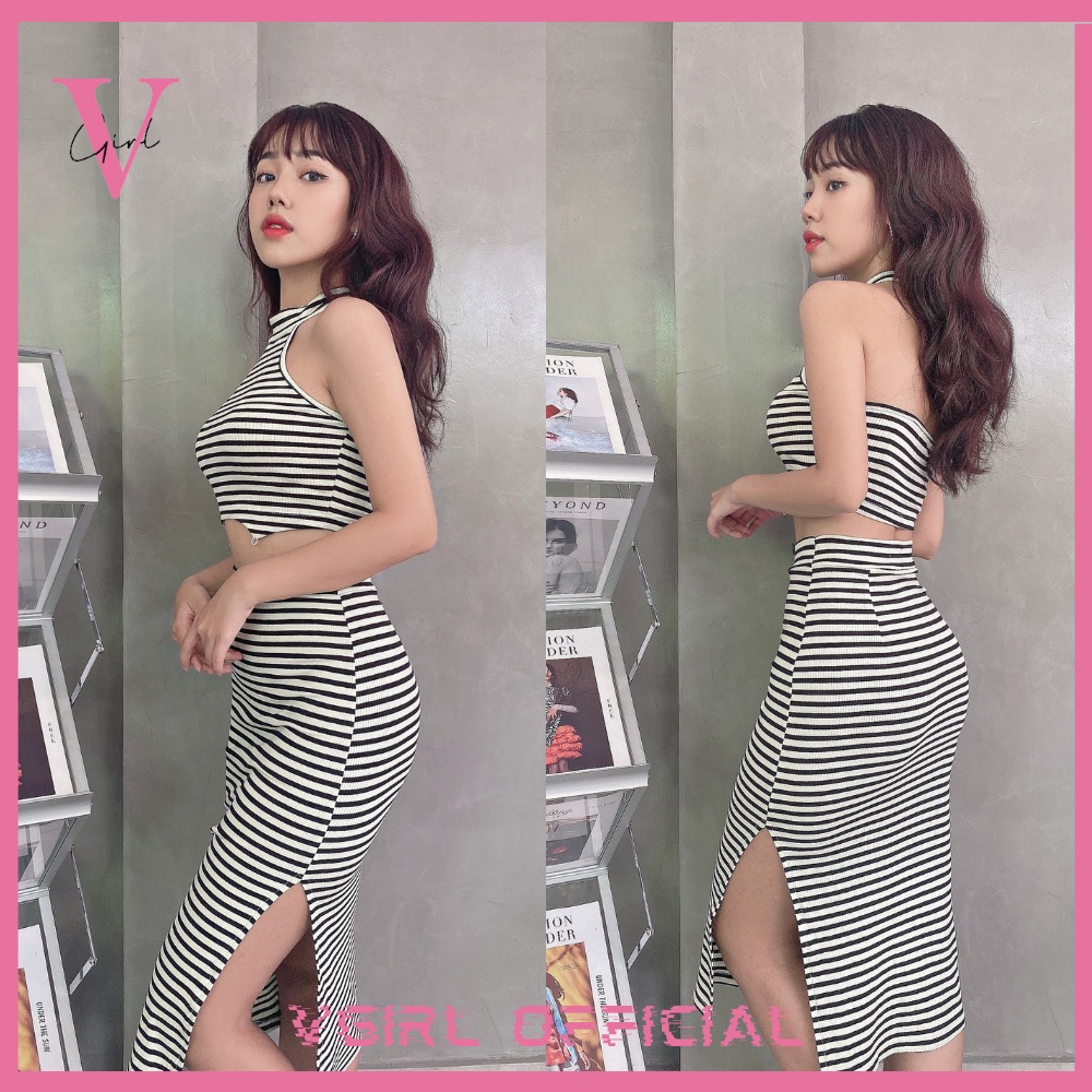 Set áo croptop nữ cổ yếm kèm chân váy xẻ tà ôm body VGIRL mặc được 2 kiểu [ẢNH ĐỘC QUYỀN]
