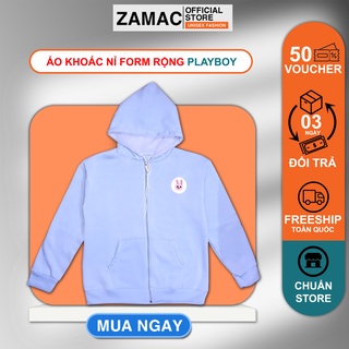 Áo khoác hoodie unisex ZAMAC form rộng có dây kéo hình thỏ hồng ZAK3