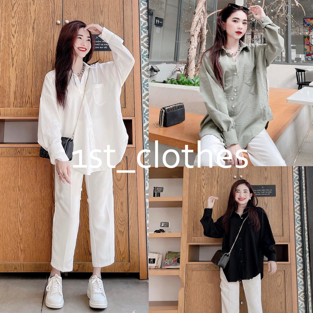 Sét Đũi Áo Sơ Mi Túi Ngực Mix Quần Suông