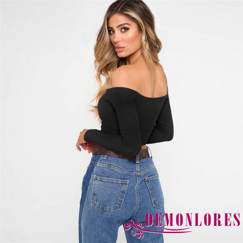 Áo Croptop Tay Dài Trễ Vai Màu Trơn Quyến Rũ Dành Cho Nữ