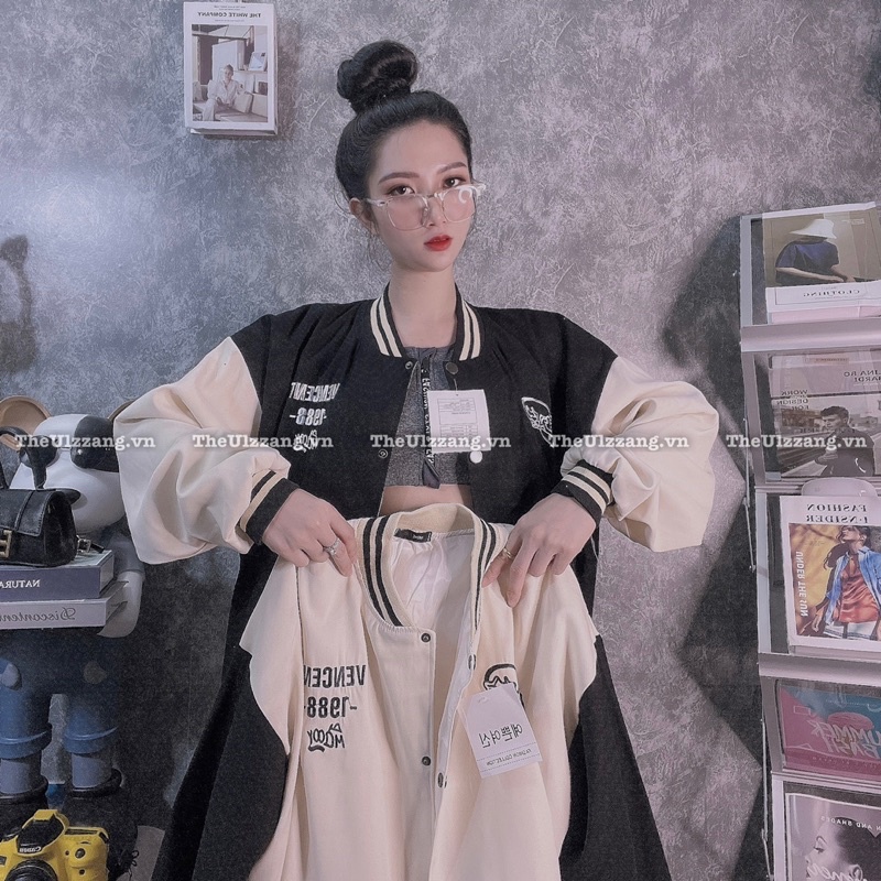Áo khoác bomber quảng châu form rộng nam nữ da lộn qc 2 lớp thêu AM VENCENT 1988 - DL2002