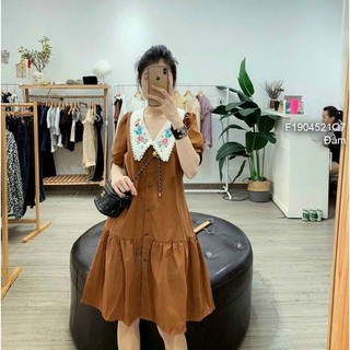 Đầm nút dáng suông phối cổ thêu hoa tay ngắn!
