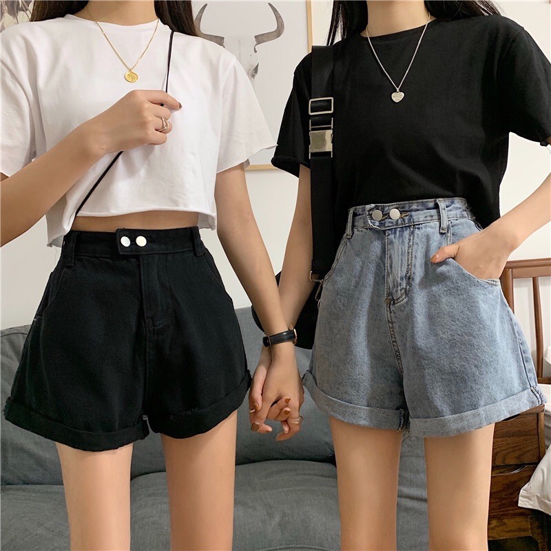 Quần Short Jeans Trơn Gập Gấu Hai Khuy Kiểu Dáng Thời Trang Phong Cách Ulzzang
