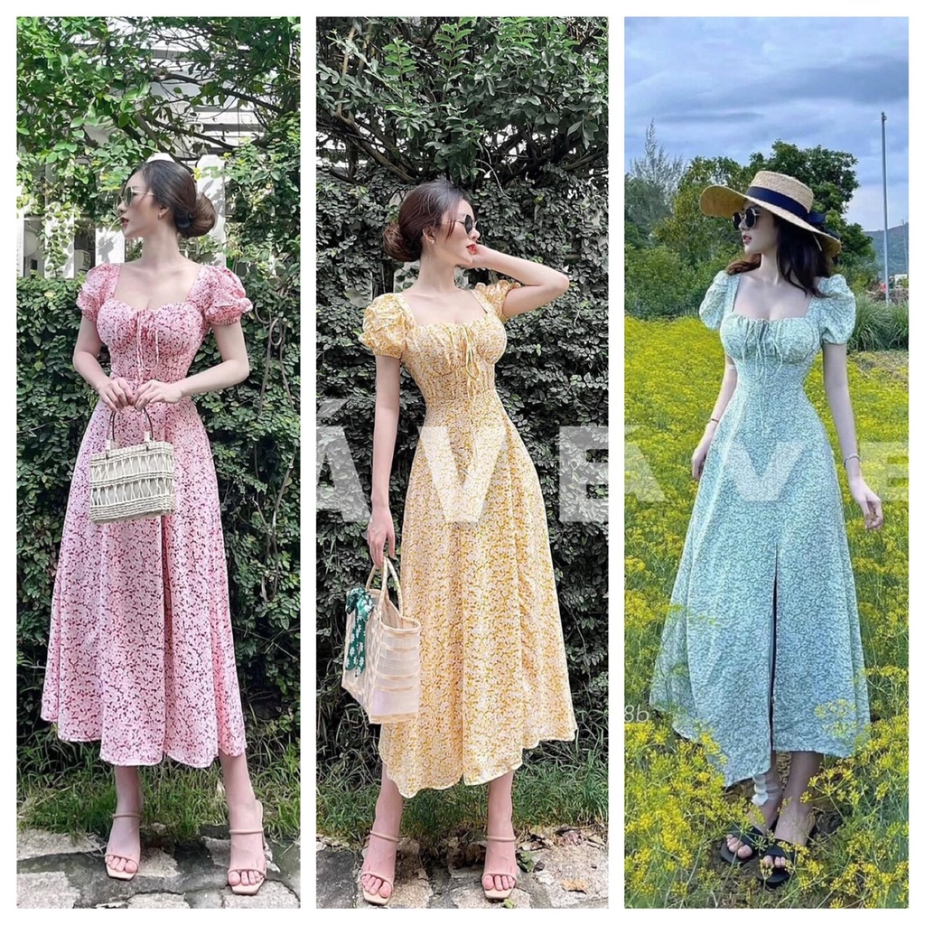 VÁY HOA MAXI XẺ ĐÙI CÚP NGỰC 3 MÀU