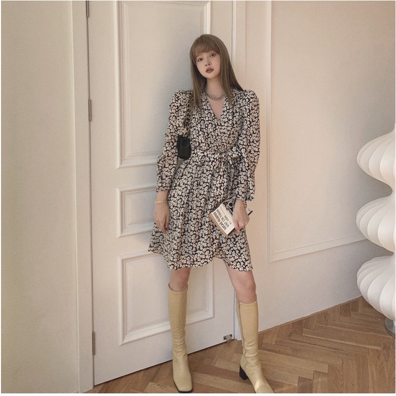 Đầm midi Tay Dài Hoạ Tiết Hoa Thiết Kế Cổ Chữ V Nữ Tính