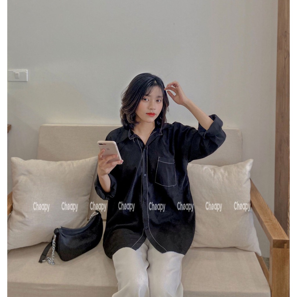 Áo sơ mi dài tay CHỈ NỔI đen trắng kiểu form rộng đẹp hàn quốc chất thô vintage ulzzang cheapy C43 | BigBuy360 - bigbuy360.vn