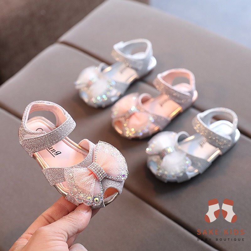 Giày tập đi cho bé gái - Sandal rọ Nơ đáng yêu có sequin cực điệu đế cao su mềm chống trơn trượt  A107