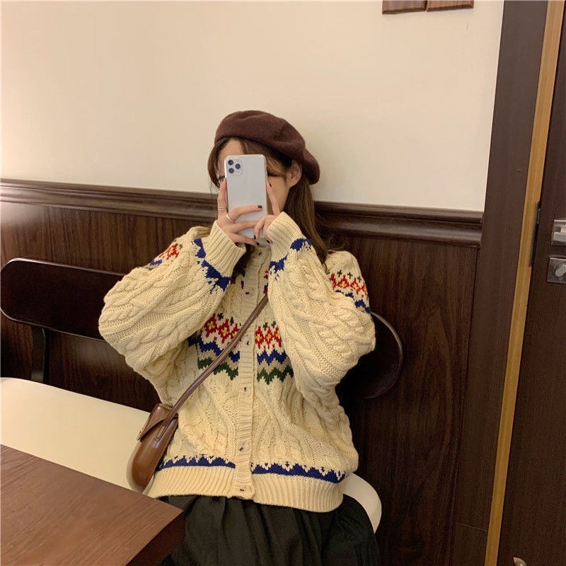 Áo khoác cardigan tay dài dáng rộng in họa tiết sọc màu cầu vồng phong cách thu đông cho nữ