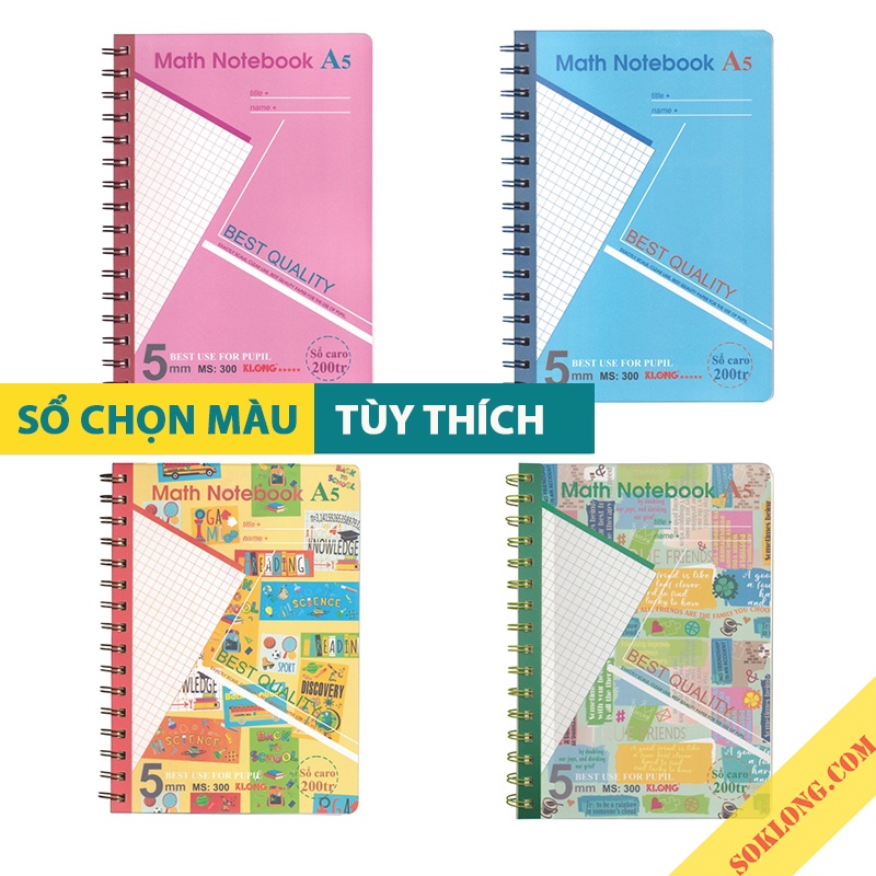 Sổ A5 200 trang Caro Klong Ms 300 [Chọn Màu] bìa nhựa lò xo kép, cuốn tập sổ KLong