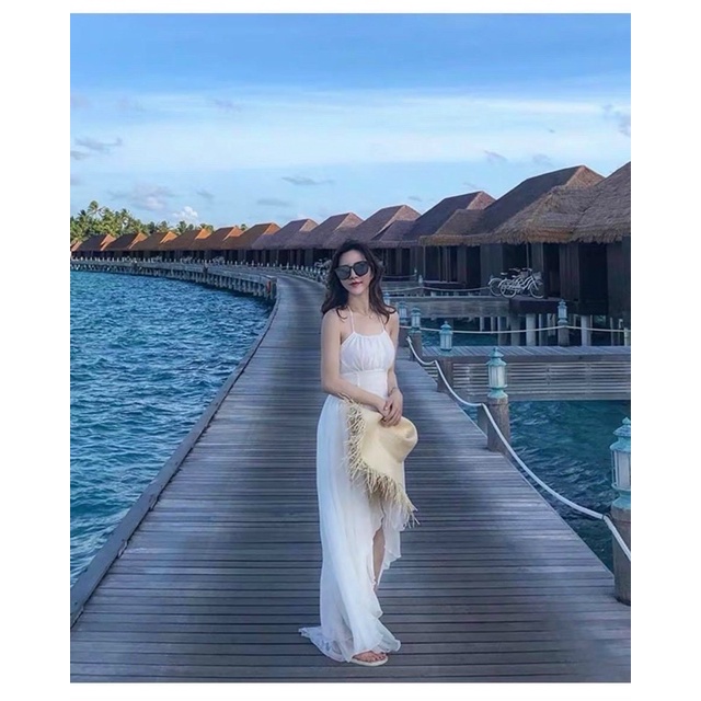 Đầm maxi voan 2 dây đan lưng hở ngực đuôi tôm Trắng Đỏ váy chơi dạo phố du lịch Đà Lạt đi biển hotgirl tk dự tiệc sexy