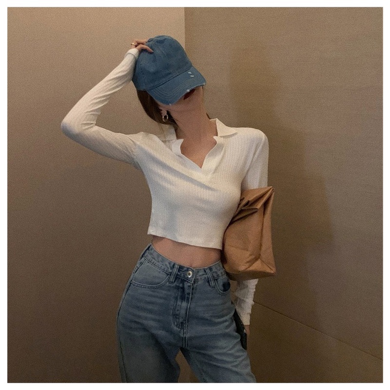 Áo Thun Lửng Tay Dài Cổ Polo Màu Sắc Đơn Giản Cho Nữ