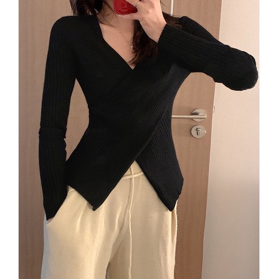 Porozi  Áo dệt kim tay dài cổ chữ v thiết kế vạt đan chéo form ôm phong cách Hàn Quốc