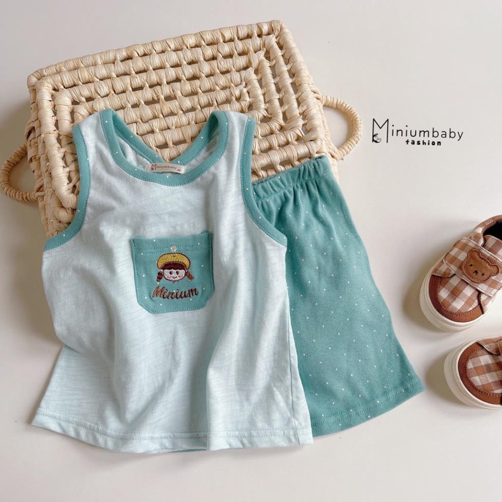 Set đồ thiết kế 2 cotton dây cho bé gái phối túi thêu xinh xắn, quần áo trẻ em MiniumBaby-SB1226, bộ không tay hè