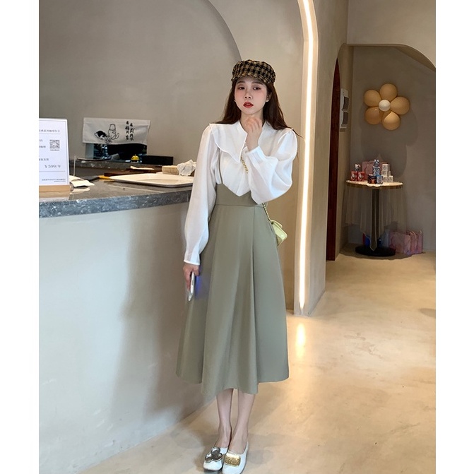 💜 Set váy dài retro sang chảnh gồm áo sơ mi mix cùng yếm 2 dây 💜 - V13