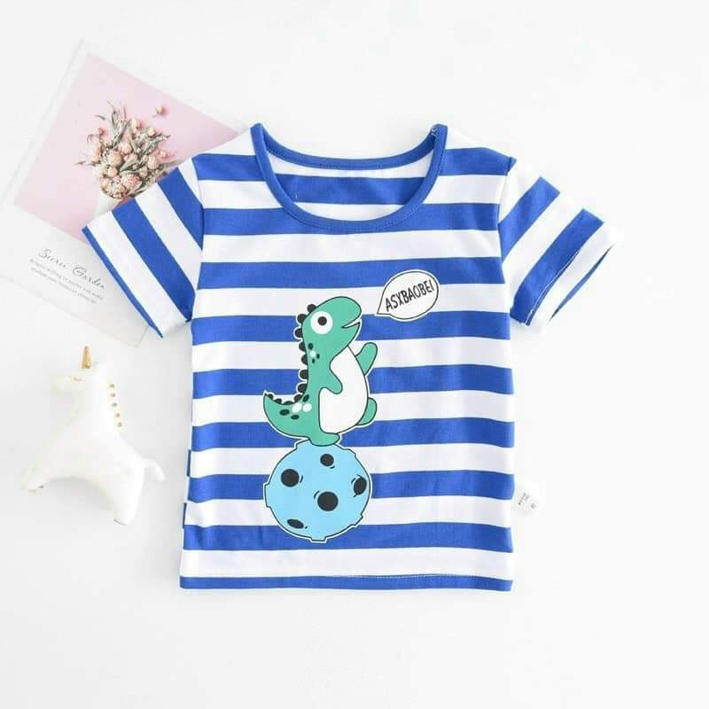 Áo cộc tay kẻ in khủng long dễ thương vải cotton mát mẻ cho bé trai (6-16kg)