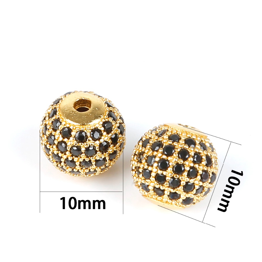 Hạt xỏ lỗ tròn bằng đồng đính đá cz màu đen 10mm dùng làm trang sức diy