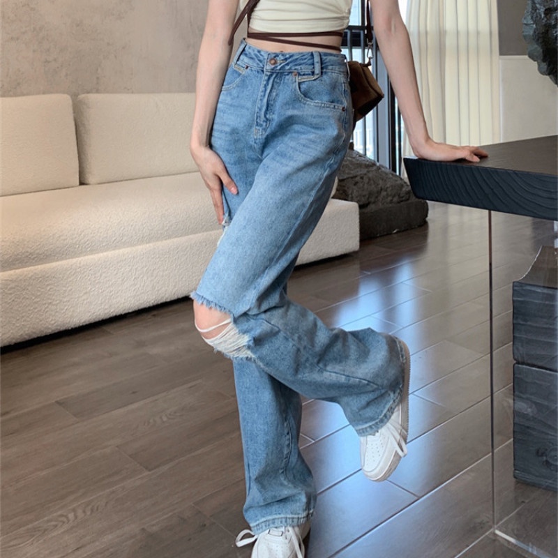 Quần Jean Nữ Lưng Cao Ống Đứng Rách Gối Thời Trang