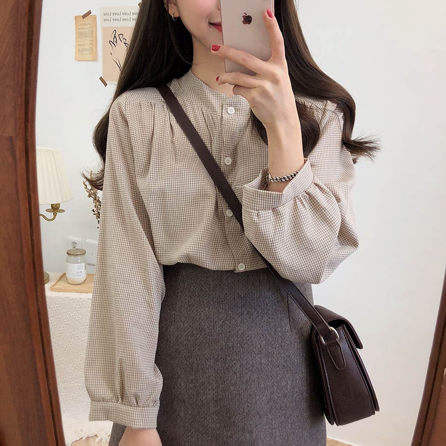 Áo sơ mi cổ cao tay dài phong cách thanh lịch cho nữ 27362