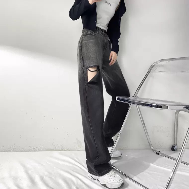 [ Ý TRỜI ] QUẦN JEAN ỐNG RỘNG NỮ LƯNG CAO LOANG MÀU XÁM RÁCH VẠT PHẢI CAO LAI CUỐN FORM SIÊU HOT CAO CẤP NITI SIÊU HOT