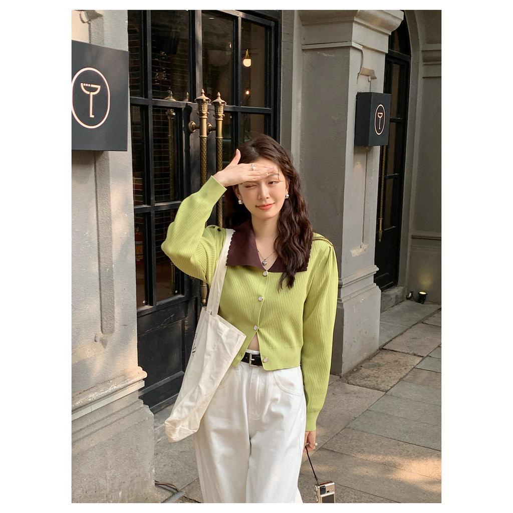 Áo Cardigan Dệt Kim Cổ Bẻ Dáng Ôm Màu Sắc Tương Phản 61405