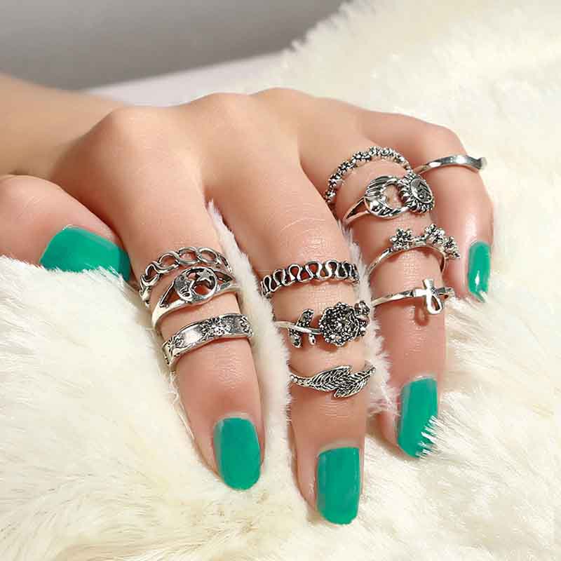 Set 11 Nhẫn Đeo Tay Kim Loại Phong Cách Retro Thời Trang