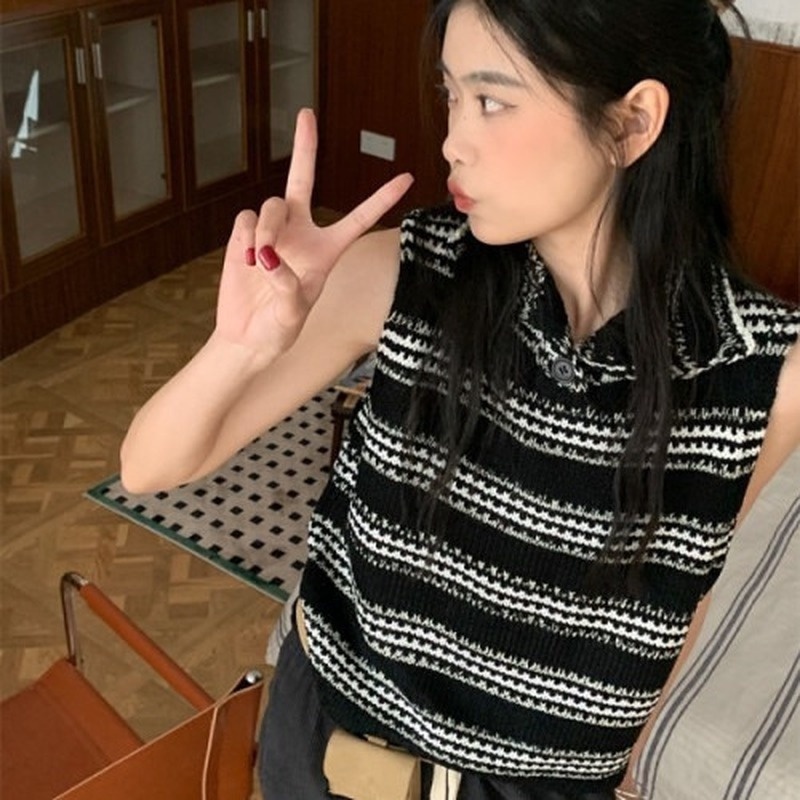 Áo Dệt Kim Không Tay Dáng Ôm Họa Tiết Kẻ Sọc Phong Cách Retro Mẫu Mới Thời Trang Mùa Hè Cho Nữ