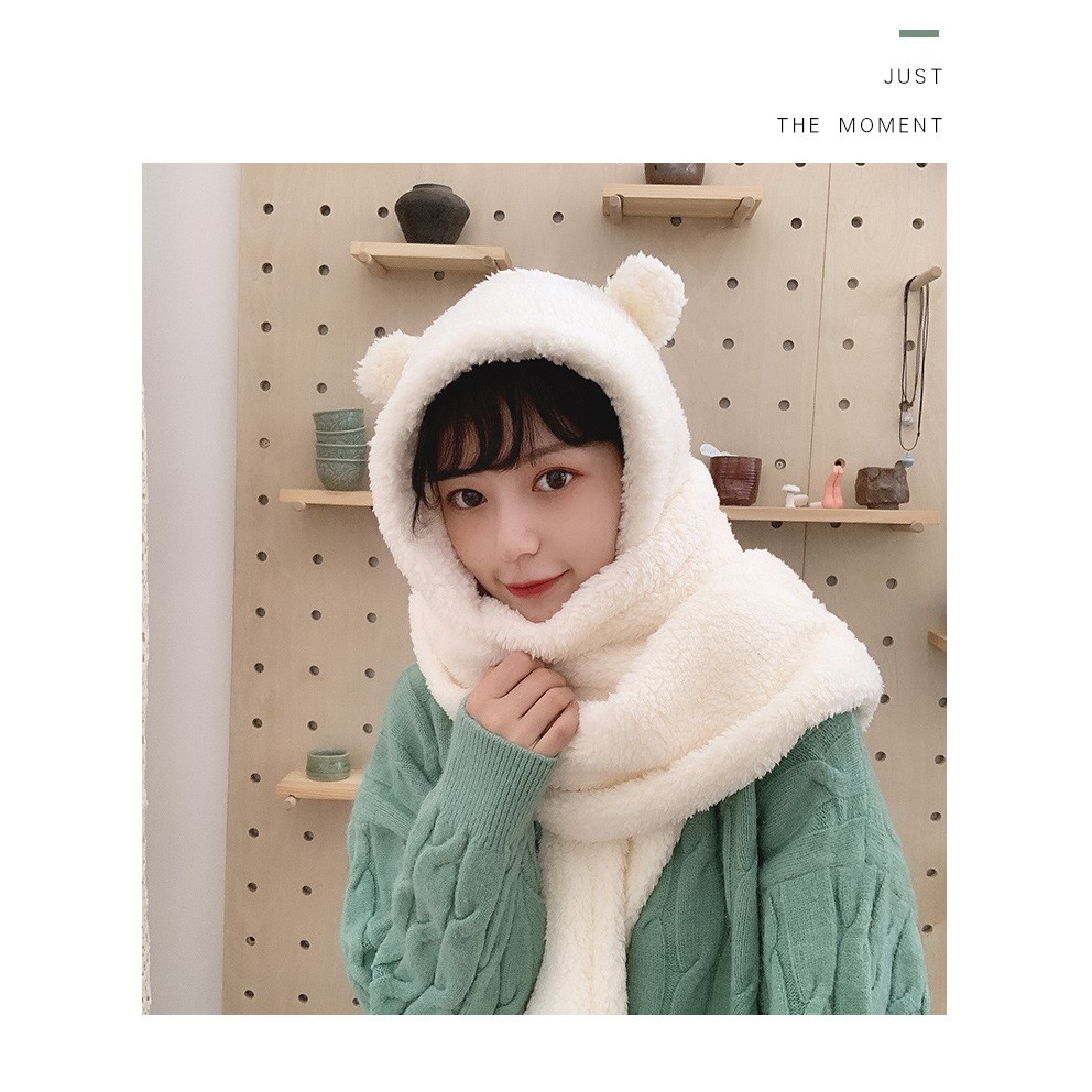 Mũ Len Lông cừu Tai Gấu Chụp đầu Giữ ấm Mùa Đông Dễ thương Ulzzang Hàn Quốc Mũ Tai gấu Chụp đầu Choàng cổ