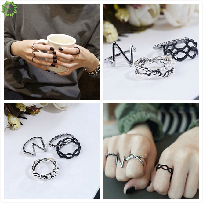 Set 4 nhẫn đeo tay kim loại phong cách Retro cho cặp đôi