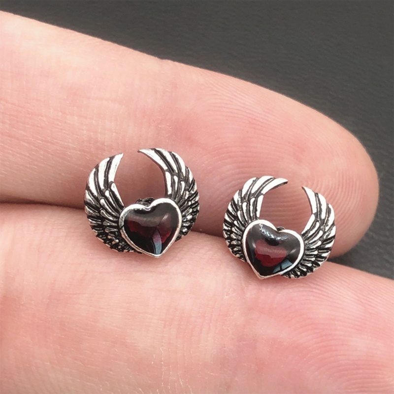 Khuyên Tai Bạc Hình Trái Tim Đôi Cánh Thiên Thần Phong Cách Gothic Cổ Điển Cho Nam Và Nữ Y2k