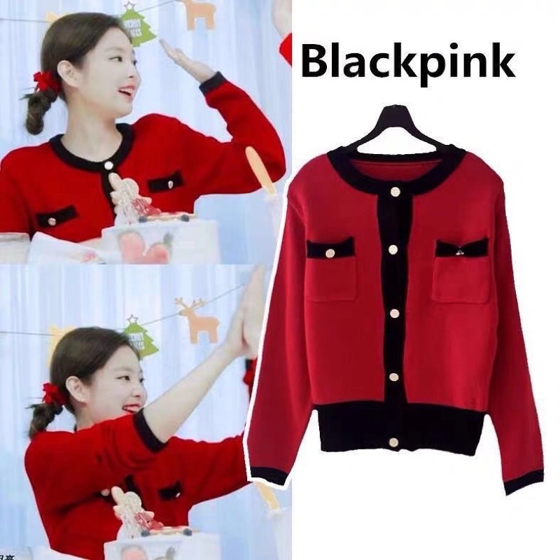 Áo cardigan đỏ viền đen giống Jennie BLACKPINK