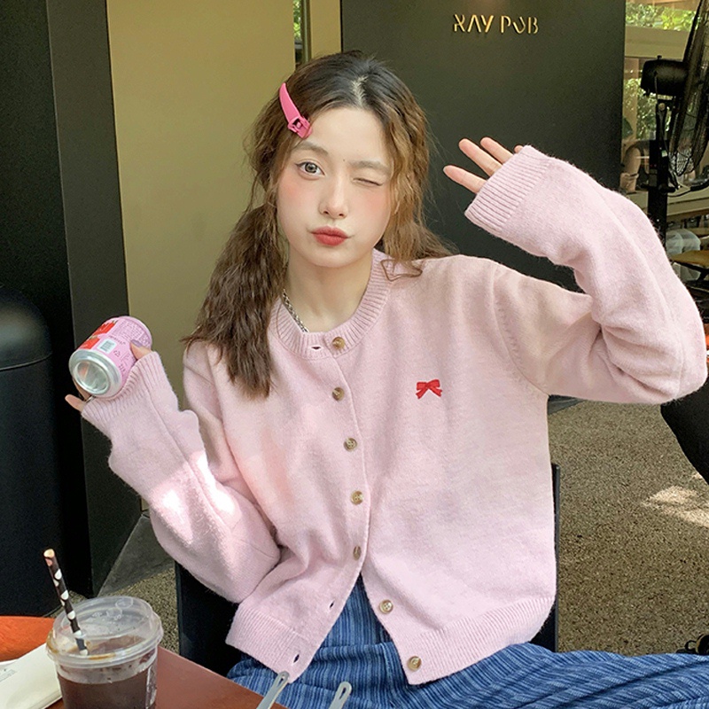 Áo khoác cardigan thêu nơ vải mềm mỏng / kiểu dáng nhỏ gọn, dễ thương