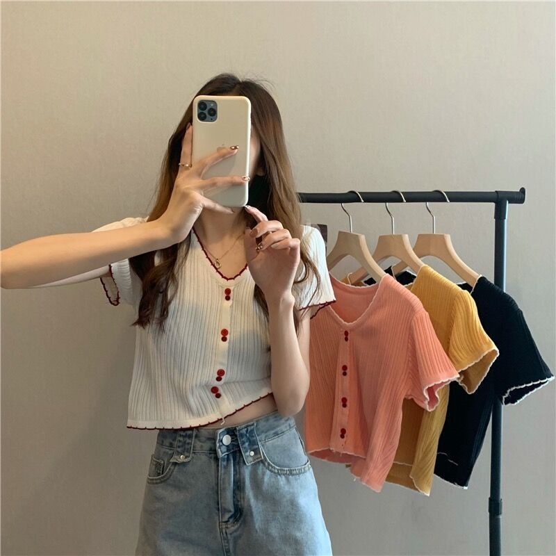 Áo Dệt Kim Tay Ngắn Cổ Chữ v Chất Liệu Lụa Mát Cao Cấp Thời Trang