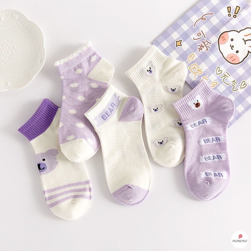 Tất cổ ngắn phong cách Hàn Quốc, set 5 đôi tất vớ chất liệu cotton co giãn bốn chiều - Cherry Shop