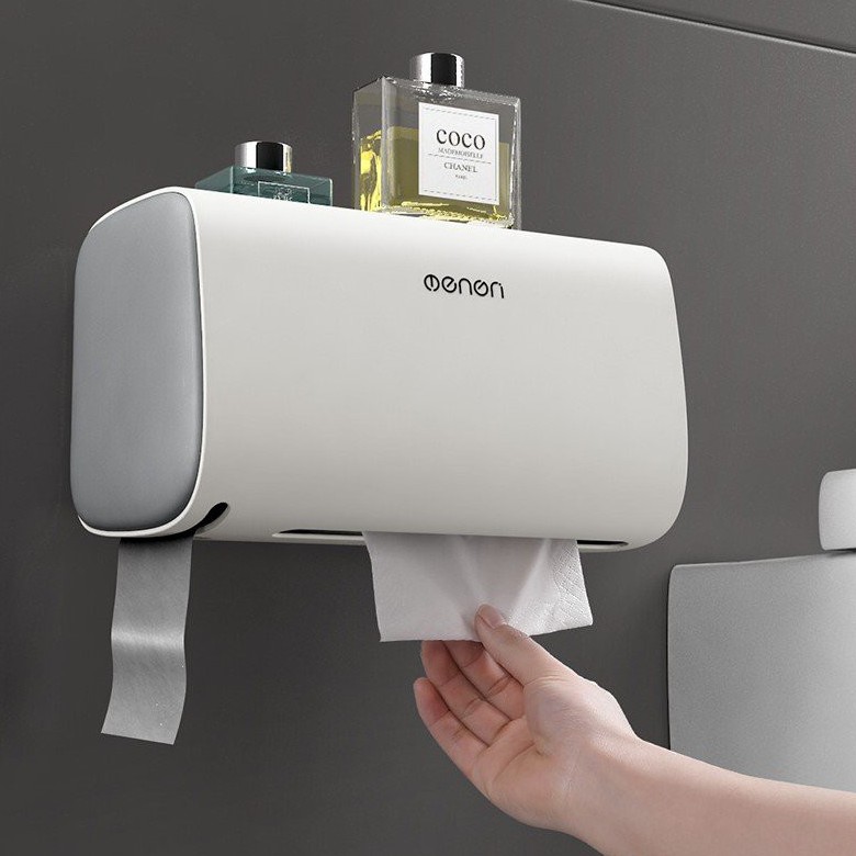 Hộp đựng giấy cao cấp Oenon dán tường, Hộp giấy vệ sinh có thêm ngăn để đồ tiện lợi