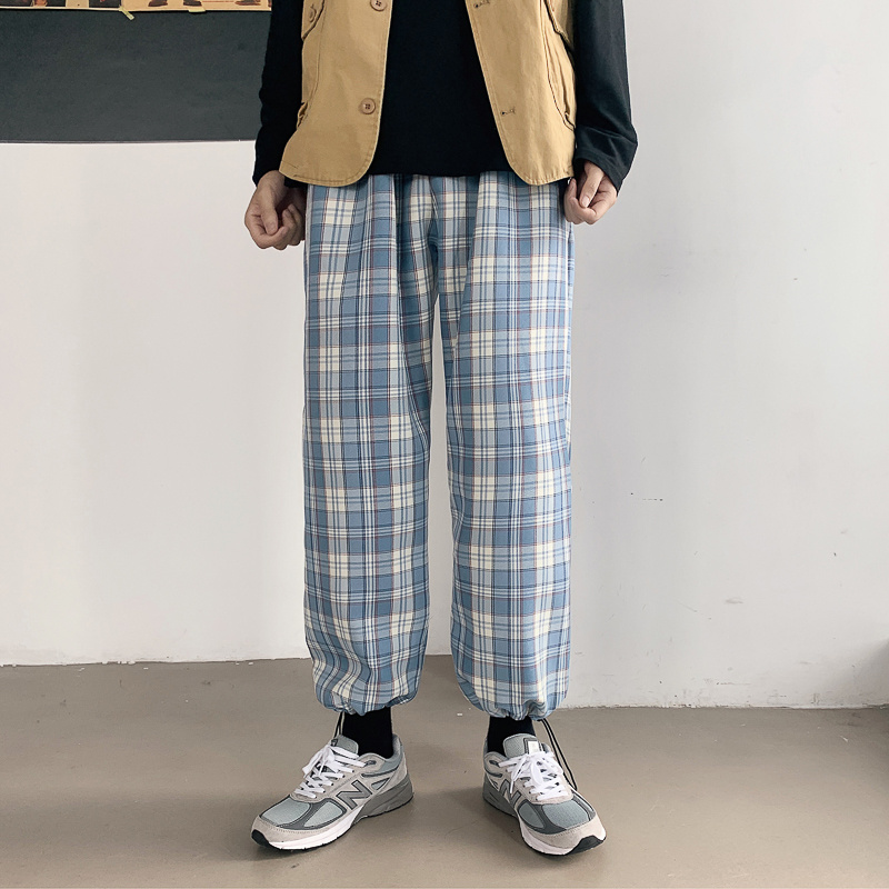 Contrast color plaid pants with drawstring Korean fashion for men