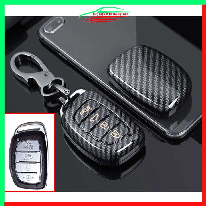 Ốp khóa cacbon Hyundai Creta 2022-2024 4 Nút kèm móc khóa