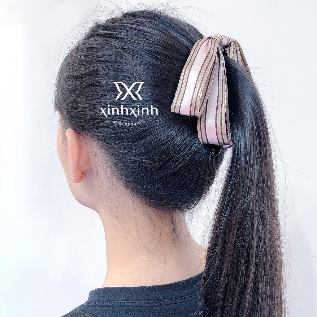Kẹp Tóc , Cặp Tóc Dọc Làm Phồng Nơ Kẻ Rủ
