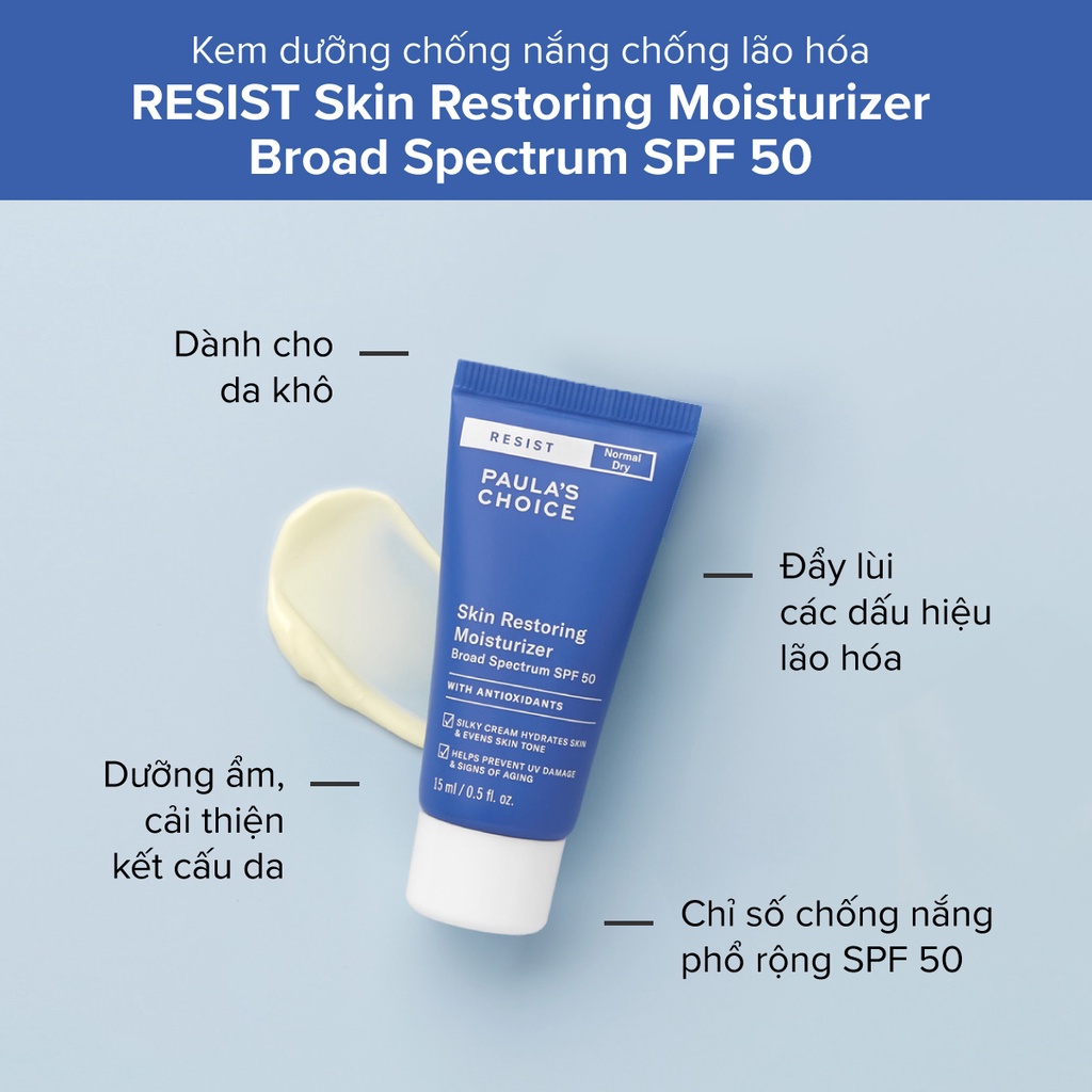 [PAULA'S CHOICE] Kem chống nắng phổ rộng cho da khô lão hóa ẩm mịn Resist Skin Restoring Moisturizer SPF 50 (Mã 7970)