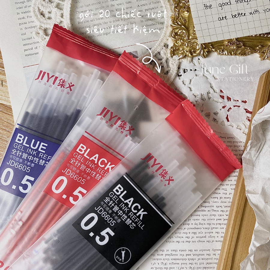 Gói 20 ruột bút nước, bút gel màu xanh, đen, đỏ mực nét đẹp, ghi chép nội dung