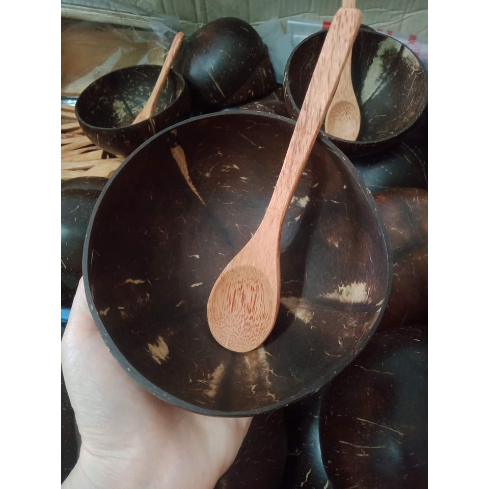 Combo Bát chén gáo dừa và muỗng dùng để ăn sữa chua salad ngũ cốc granola