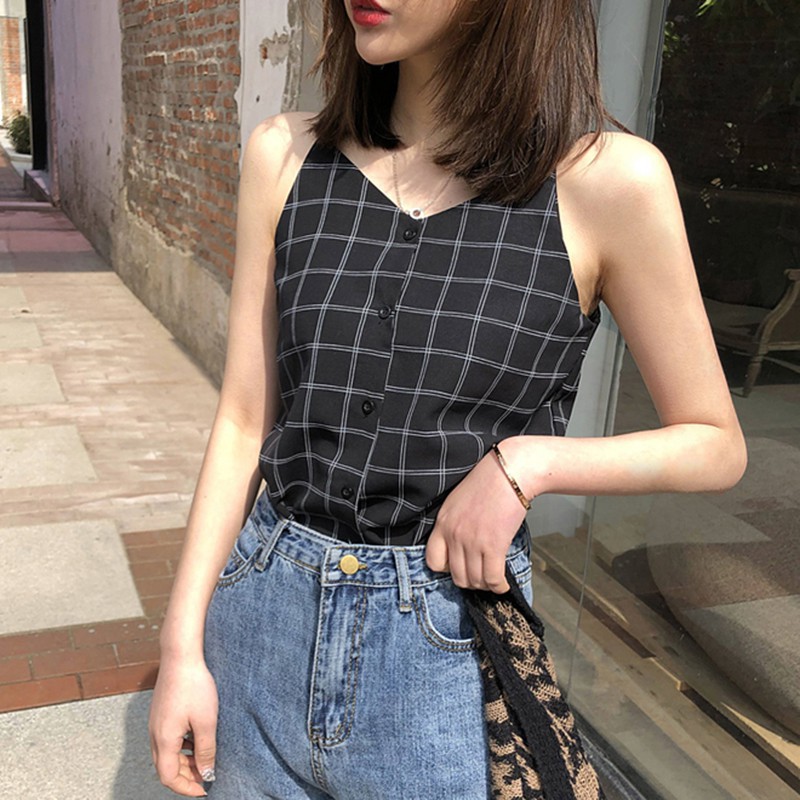 Áo hai dây cổ tim họa tiết ca rô quyến rũ dành cho nữ