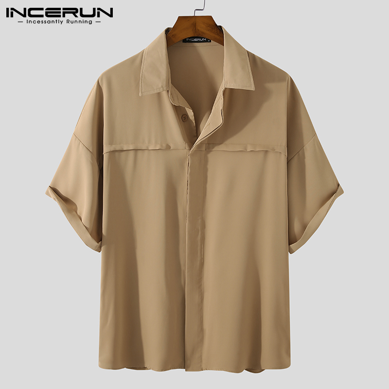 INCERUN Men Fashion Simple Style Casual Solid Color Short Sleeve Lapel Shirts