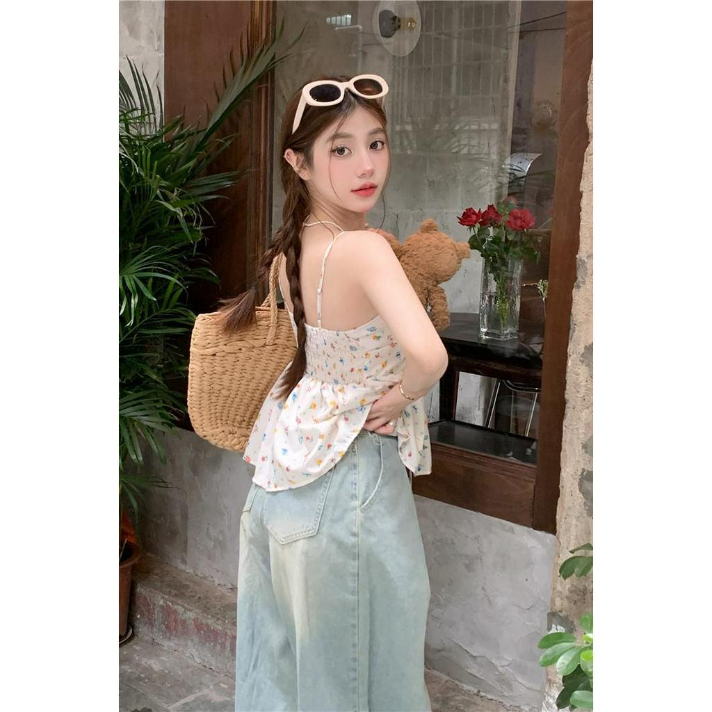 Lalisas Áo Hai Dây Croptop Ngọt Ngào In Hoa / Gia Vị Pháp Cho Nữ