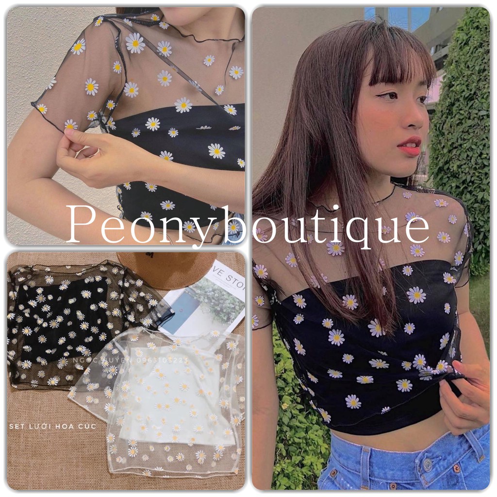 Set Croptop Lưới Hoa Cúc 🌸 Áo mỏng trong suốt kèm áo quây thun ôm body co giãn nữ SIÊU HOT 🌸