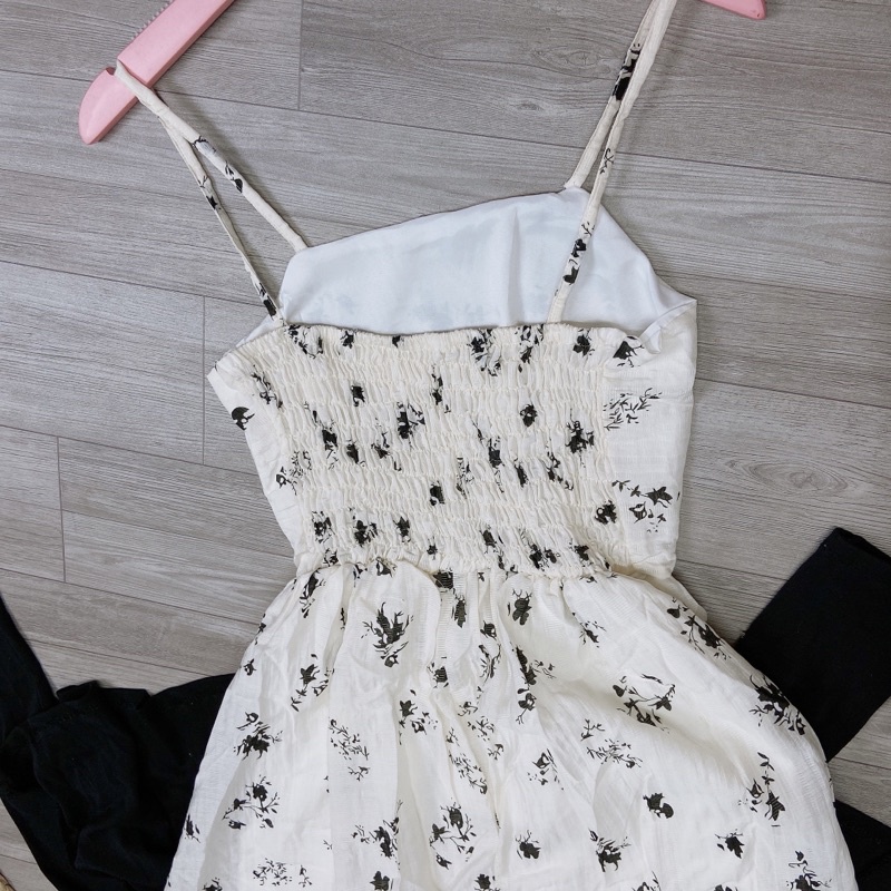 Set Váy 2 Dây Hoa Dáng Dài Kèm Áo Khoác Cadigan Đen Set Tiểu Thư Hoa