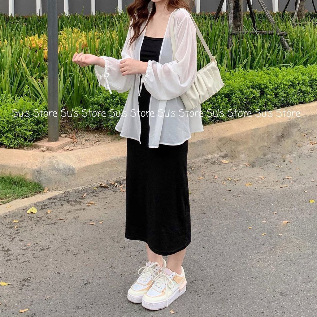 ÁO VOAN TRƠN TAY RÚT - ÁO KHOÁC CARDIGAN VOAN GIẤY THẮT NƠ TRẮNG ĐEN BASIC